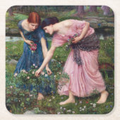 John William Waterhouse、レディースピッキングバラ スクエアペーパーコースター (正面)