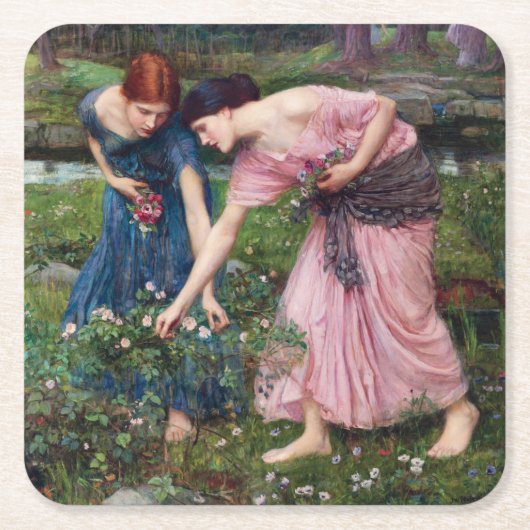 John William Waterhouse、レディースピッキングバラ スクエアペーパーコースター (正面)