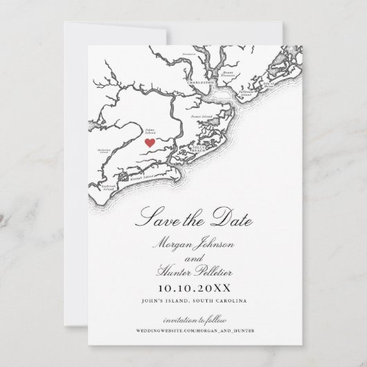 Johns Island SC Map Elegant Black White Wedding セーブザデート (正面)