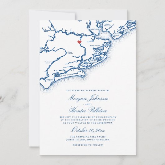 Johns Island SC Map Elegant Navy Blue Wedding 招待状 (正面)