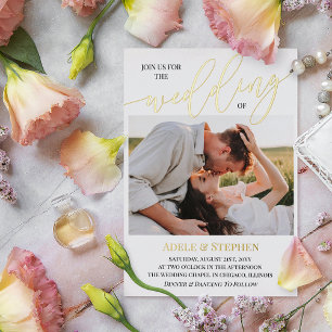 Join Us金ゴールドスクリプト写真の両面結婚表示 箔招待状