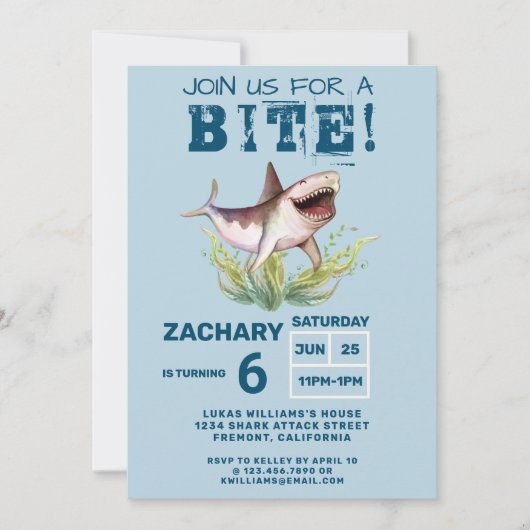 Join Us For a Bite Funny Shark Boys Birthday Party 招待状 (正面)