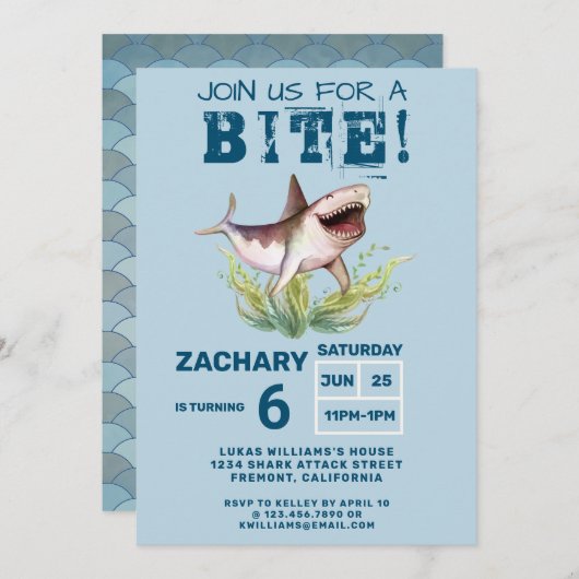 Join Us For a Bite Funny Shark Boys Birthday Party 招待状 (正面/裏面)