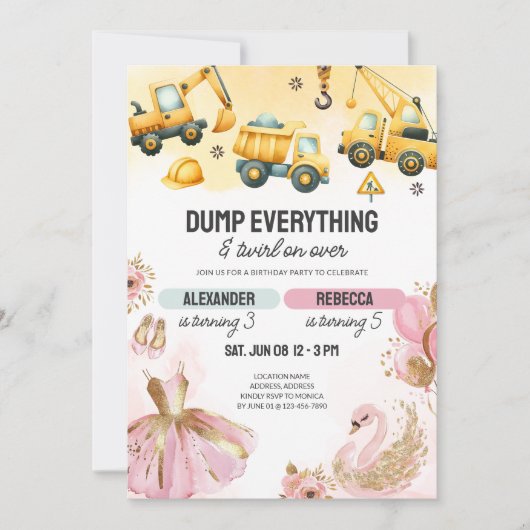 Joint Construction & Ballerina Sibling Birthday 招待状 (正面)