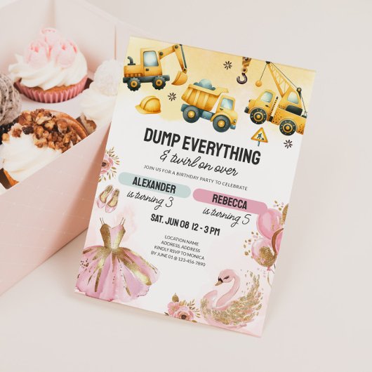 Joint Construction & Ballerina Sibling Birthday 招待状