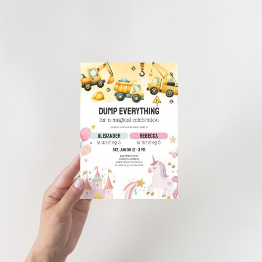 Joint Construction & Unicorn Sibling Birthday 招待状