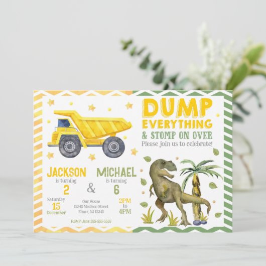 Joint Dinosaur and Construction Siblings Birthday 招待状 (スタンド正面)