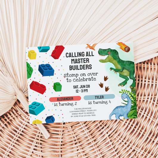 Joint Dinosaur & Building Blocks Sibling Birthday 招待状