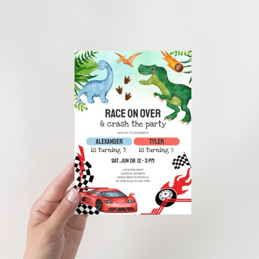 Joint Dinosaur & Race Cars Sibling Birthday 招待状