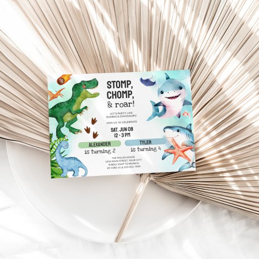 Joint Dinosaur & Sharks Sibling Birthday 招待状