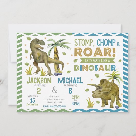 Joint Dinosaurs Siblings Birthday Invitation 招待状 (正面)