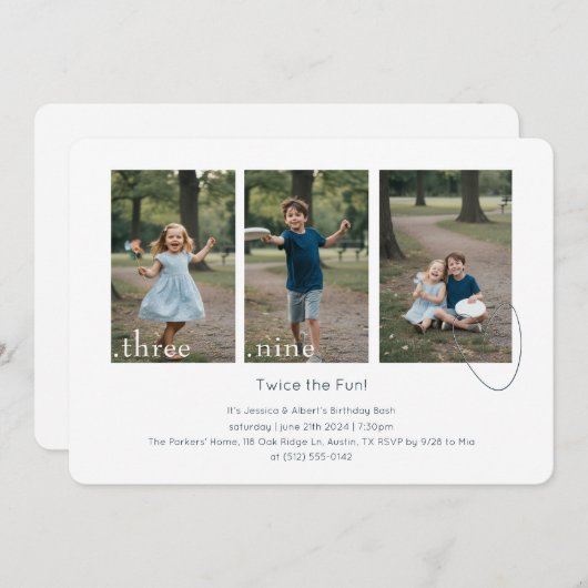 Joint Dual Sibling Any Age Double Birthday Party 招待状 (正面/裏面)