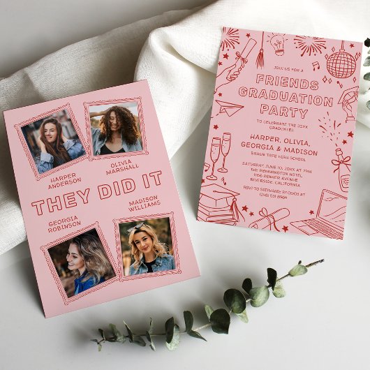 Joint Graduation Party Invitation for 4 Graduates 招待状