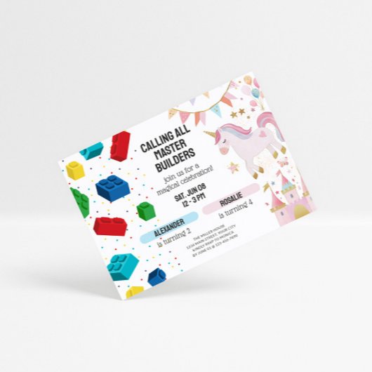 Joint Unicorn & Building Blocks Birthday 招待状