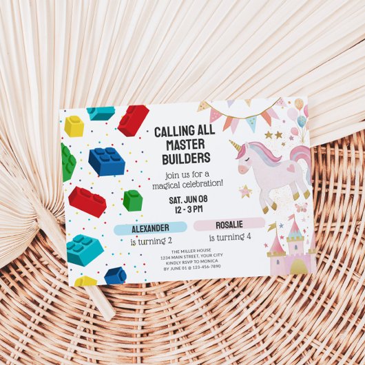 Joint Unicorn & Building Blocks Birthday 招待状