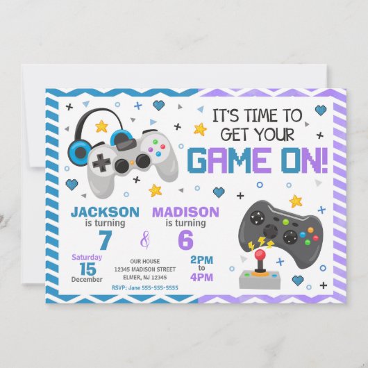 Joint Video Game Birthday Invitation | Gamer Party 招待状 (正面)