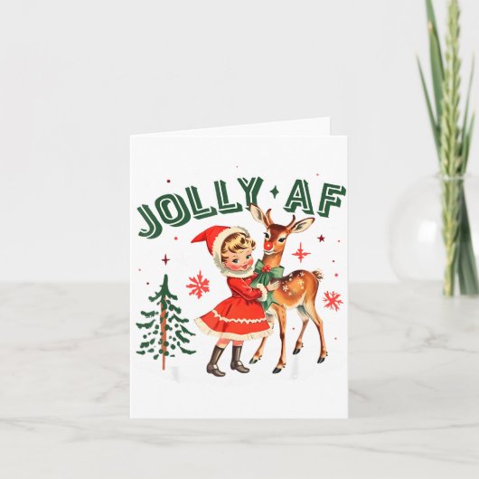 Jolly Af Christmas Retro 50s Cute Girl And Deer Vi カード (正面)