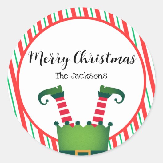 Jolly Christmas Elf Legs Stripes Holiday ラウンドシール (正面)