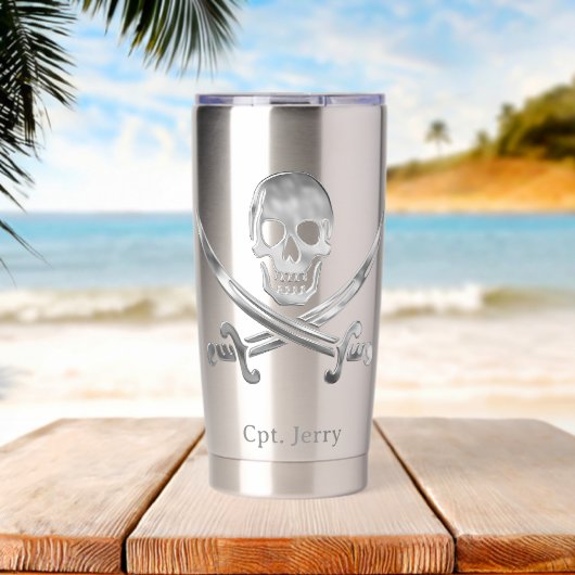 Jolly Roger Pirate Silver Custom 保温保冷タンブラー (ビーチ (回転後))
