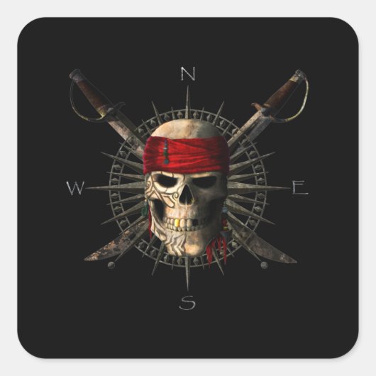 Jolly Roger Pirate Skull and Swords Pirate Compass スクエアシール (正面)