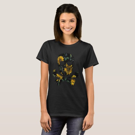 Jolly Roger Pirate Yellow Sunflower Pattern Floral Tシャツ (正面フル)