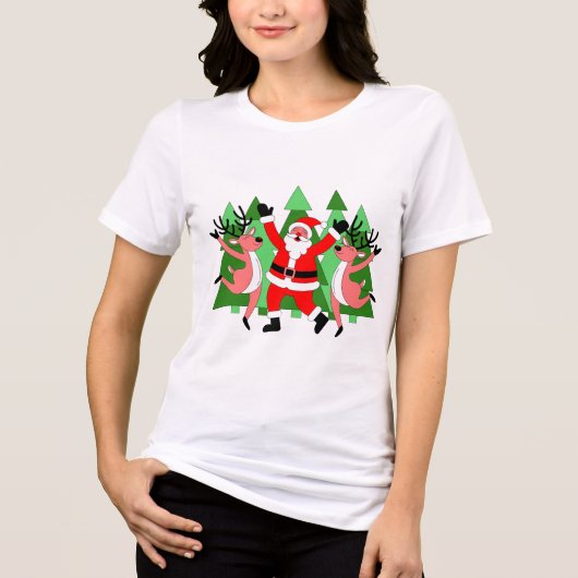 Jolly Santa and Reindeer Dance Christmas T-Shirt トライブレンドＴシャツ (正面)