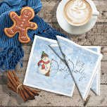 Jolly Snowman ID841 スタンダードカクテルナプキン<br><div class="desc">This cute Christmas cocktail napkin design in blue features sparkling snowflakes as a backdrop for a fat jolly snowman and the handwritten script text 'Let's be Jolly'.</div>