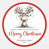 Jolly whimsical reindeer sticker funny deer flair ラウンドシール (正面)