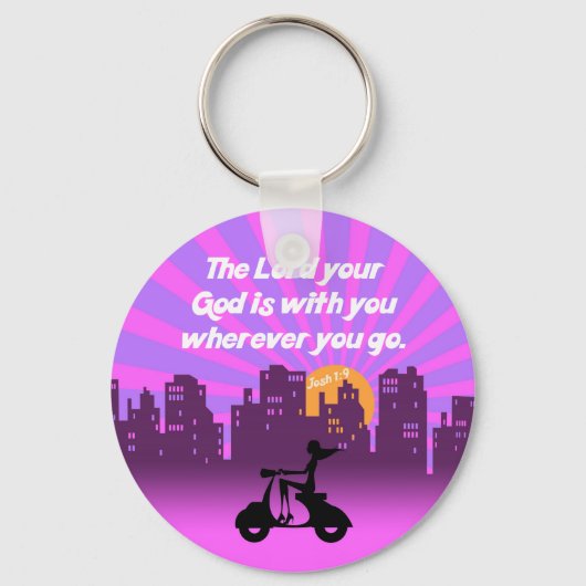 Joshua 1:9 Girl on Scooter w/Skyline - Bible Verse キーホルダー (正面)