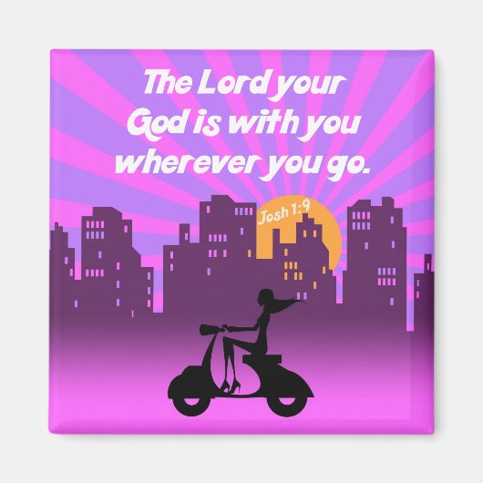 Joshua 1:9 Girl on Scooter w/Skyline - Bible Verse マグネット (正面)