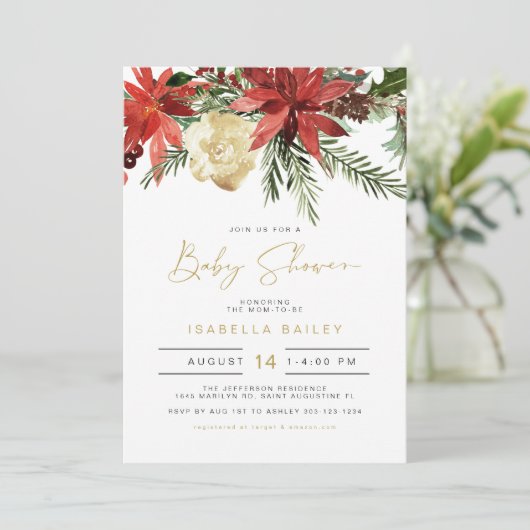 JOVIホリデーレッドと金ゴールドポインセチア赤ちゃんシャワー 招待状 (スタンド正面)