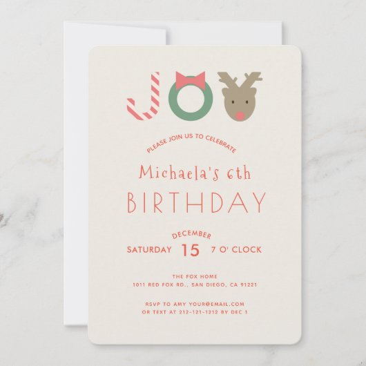 JOYかわいいトナカイのベージュ誕生日パーティーの招待 シーズンカード (正面)