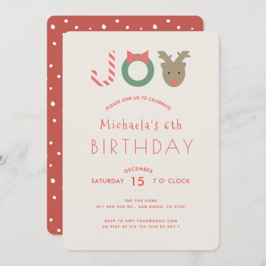 JOYかわいいトナカイのベージュ誕生日パーティーの招待 シーズンカード (正面/裏面)