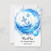 Joyにアンカー： Boy 航海の Baby Shower サンキューカード (正面)
