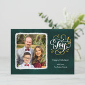 JOYグリーン金ゴールドスクリプトミニマリスト写真クリスマス シーズンカード (スタンド正面)