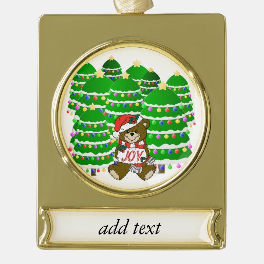 JOYサインとクリスマスツリーとクリスマスベア ゴールドプレートバナーオーナメント (正面)