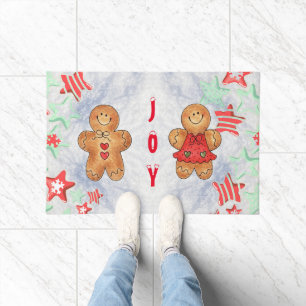 JOYジンジャーブレッド白クリスマスドアマットパーソナライズ ドアマット