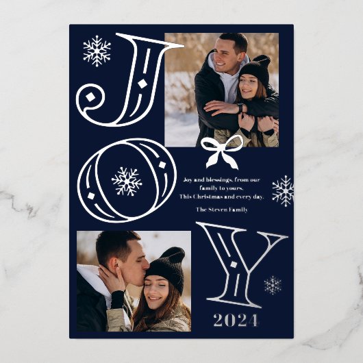 Joyスクリプト2写真スノーフレーク青いクリスマス 箔シーズンカード (正面)