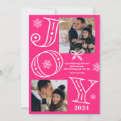 Joyスクリプト2枚の写真スノーフレークネオンピンクのクリスマス シーズンカード (正面)