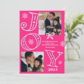 Joyスクリプト2枚の写真スノーフレークネオンピンクのクリスマス シーズンカード (スタンド正面)