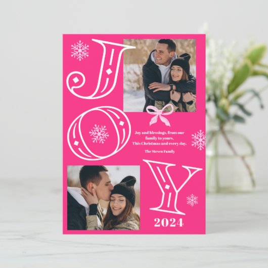 Joyスクリプト2枚の写真スノーフレークネオンピンクのクリスマス シーズンカード (スタンド正面)