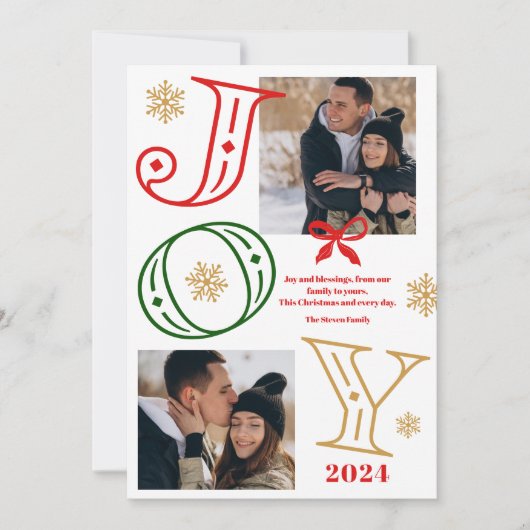 Joyスクリプト2枚の写真スノーフレーク赤い緑のクリスマス シーズンカード (正面)