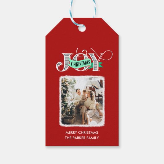 JOYスクリプモダントはっきりしたミニマル写真クリスマス ギフトタグ (正面)