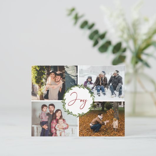 Joyタイポグラフィスクリプトリース4フォトクリスマス シーズンポストカード (スタンド正面)
