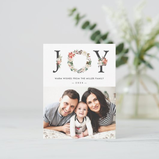 JOYタイポグラフィポインセチアフローラクリスマスフォト ポストカード (スタンド正面)