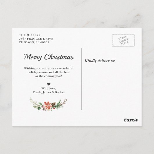 JOYタイポグラフィポインセチアフローラクリスマスフォト ポストカード (裏面)