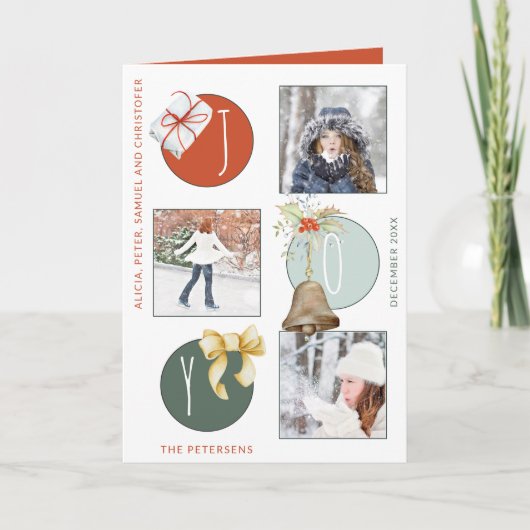 JOYタイポグラフィモダンクリスマス4フォトコラージュ シーズンカード (正面)