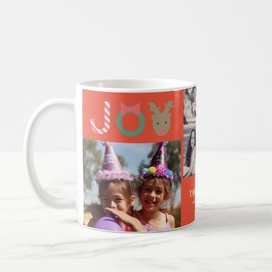 JOYトナカイ3フォトコラージクリスマスホリデーレッド コーヒーマグカップ (左)