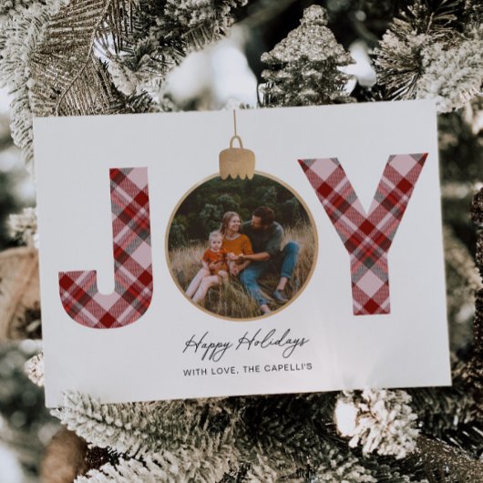 JOYピンクの格子模様数々の写真ホリデーカード シーズンカード