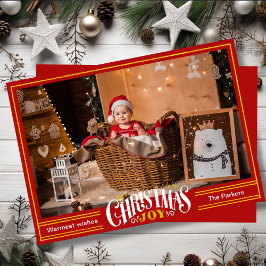 JOYフェスティバルレッド金ゴールドスクリプトシンプルフォトクリスマス シーズンカード